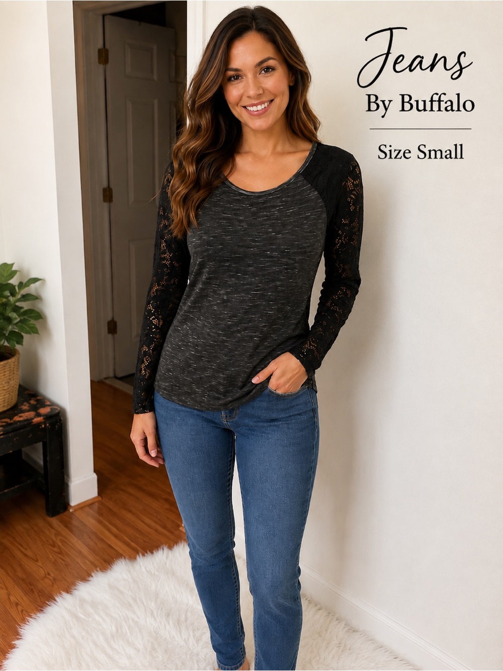 Jeans By Buffalo Black Lace Sleeve Top Size Small NWT